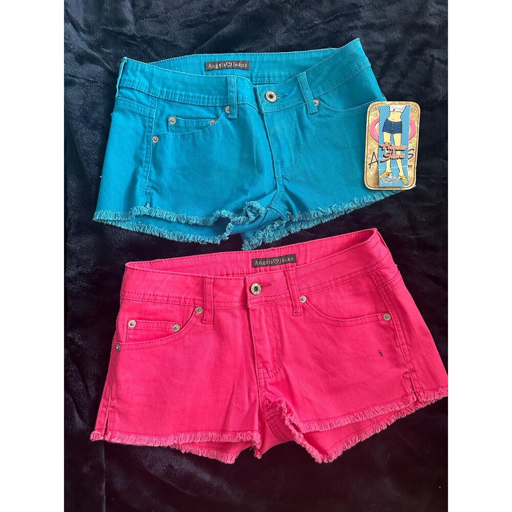 2 PAIRS NEW ANGELS JEANS DENIM CUTOFF STRETCH SHORTS 5 PINK & BLUE